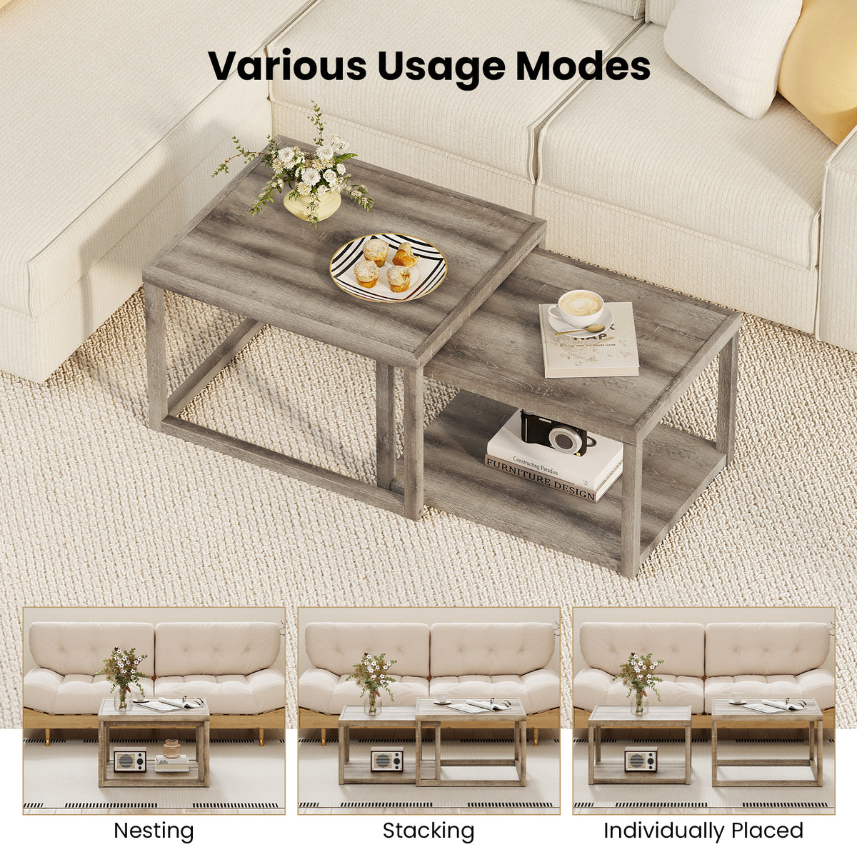 Nesting Coffee Table Set of 2, Gray - Stackable Wood End Tables