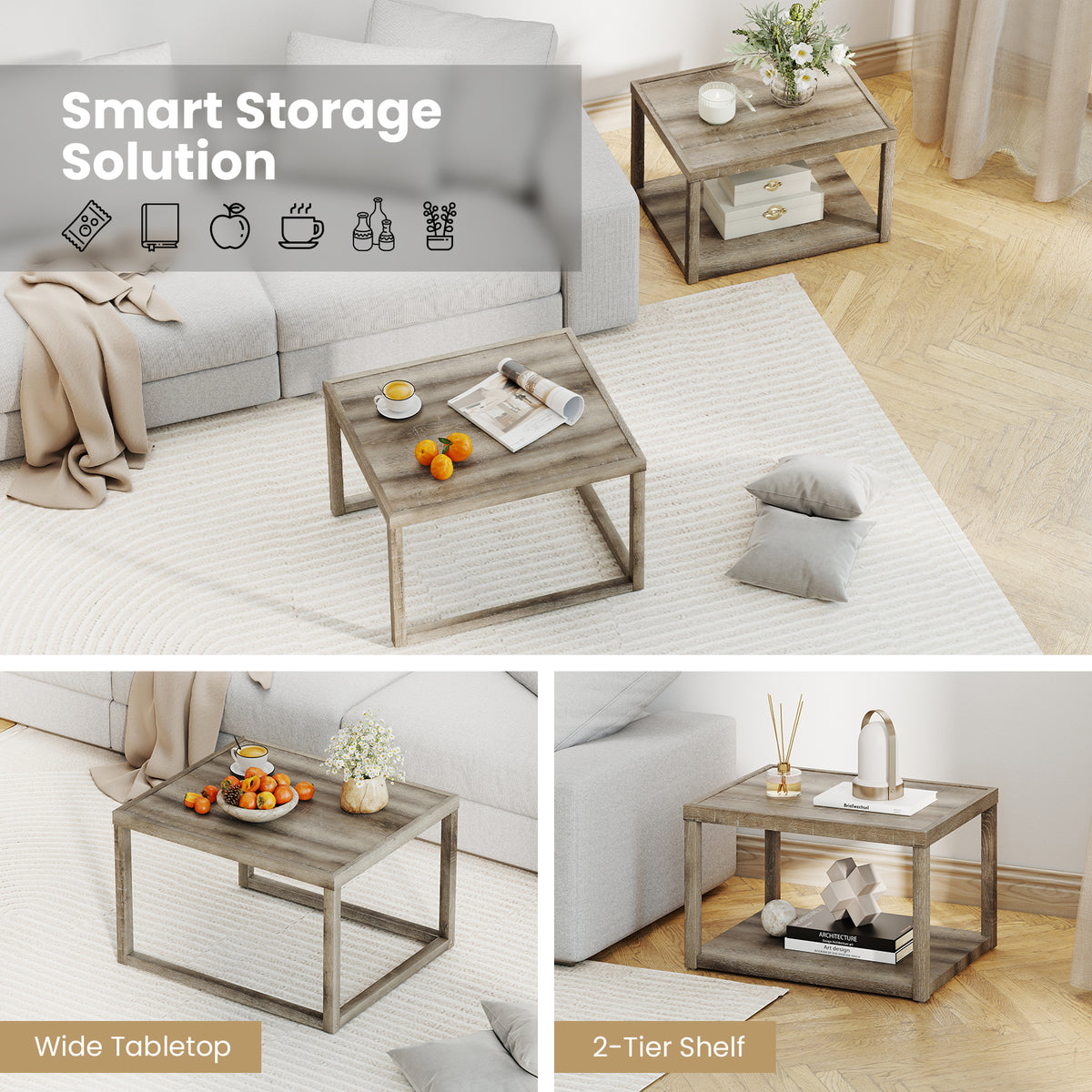 Nesting Coffee Table Set of 2, Gray - Stackable Wood End Tables