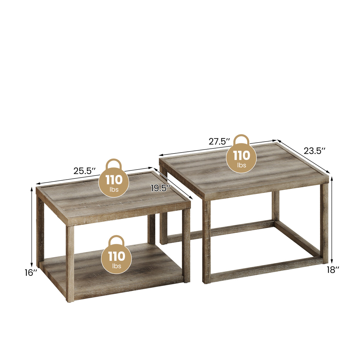 Nesting Coffee Table Set of 2, Gray - Stackable Wood End Tables
