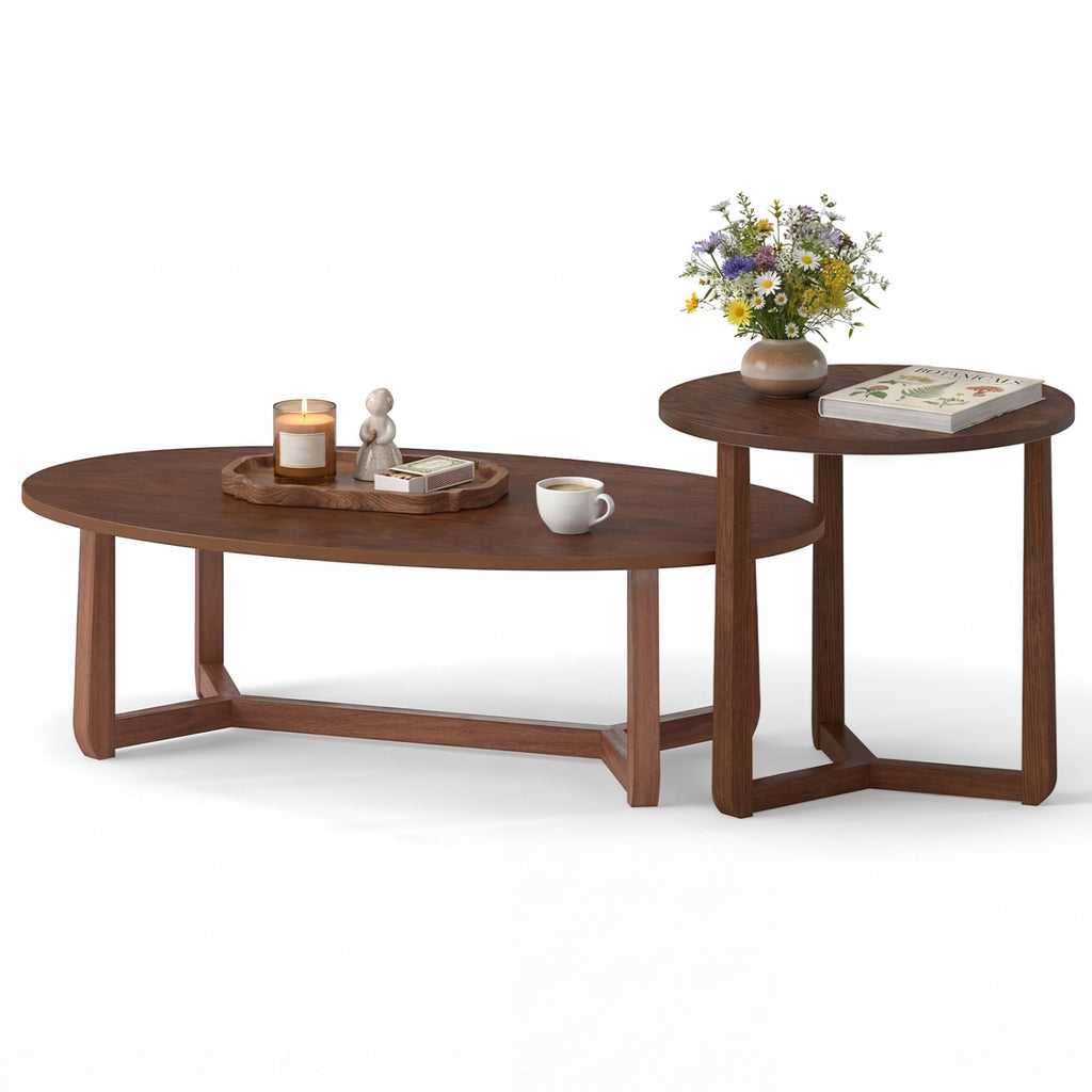 Nesting Coffee Table Set of 2, Wood Veneer Top, Rubberwood Legs - Natural