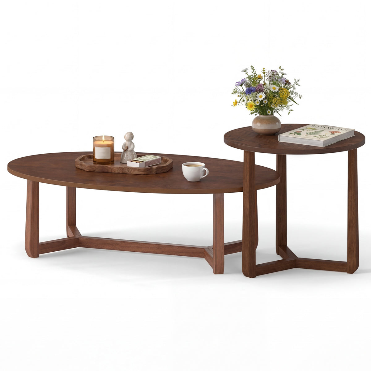 Nesting Coffee Table Set of 2, Wood Veneer Top, Rubberwood Legs - Natural