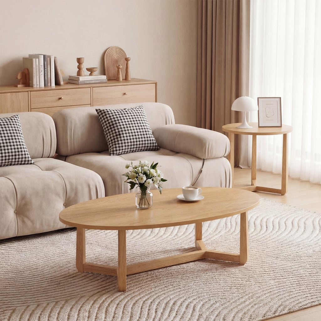 Nesting Coffee Table Set of 2, Wood Veneer Top, Rubberwood Legs - Natural