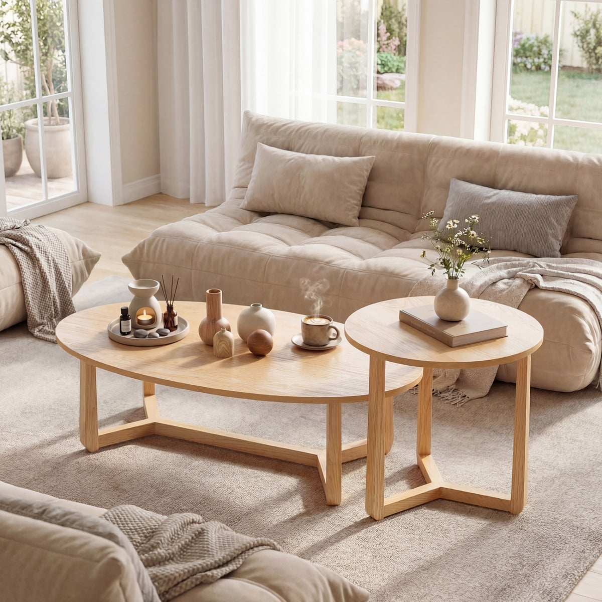 Nesting Coffee Table Set of 2, Wood Veneer Top, Rubberwood Legs - Natural