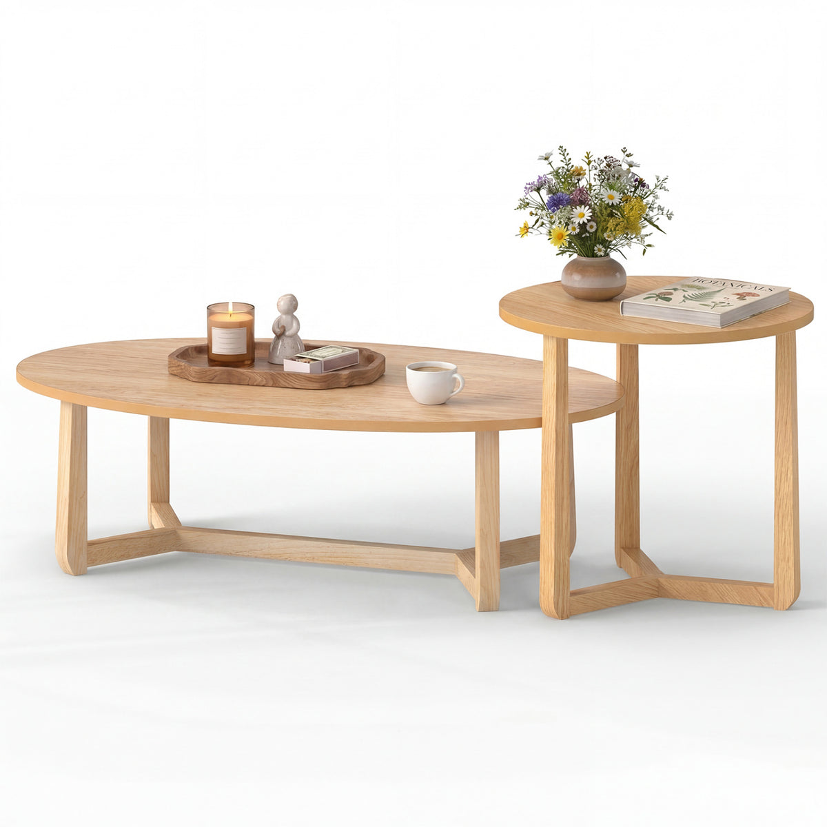 Nesting Coffee Table Set of 2, Wood Veneer Top, Rubberwood Legs - Natural