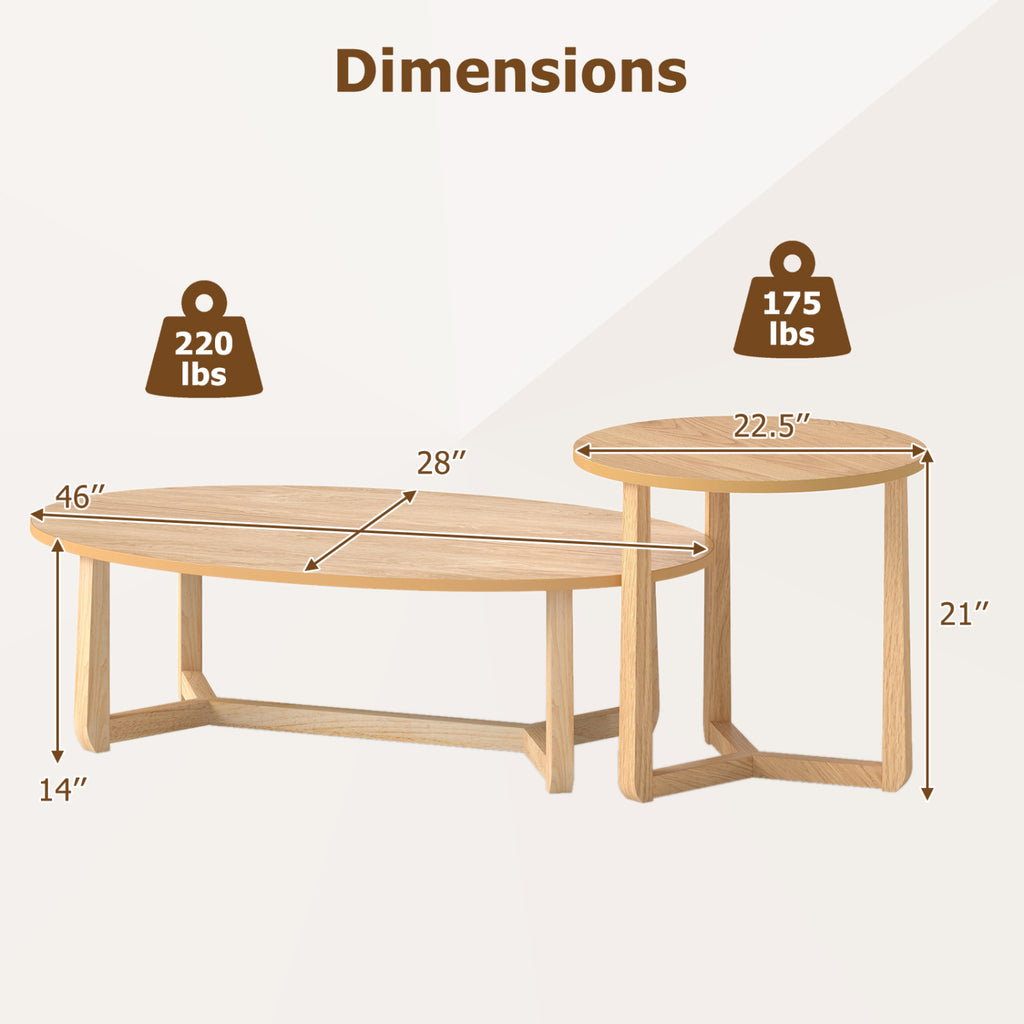 Nesting Coffee Table Set of 2, Wood Veneer Top, Rubberwood Legs - Natural