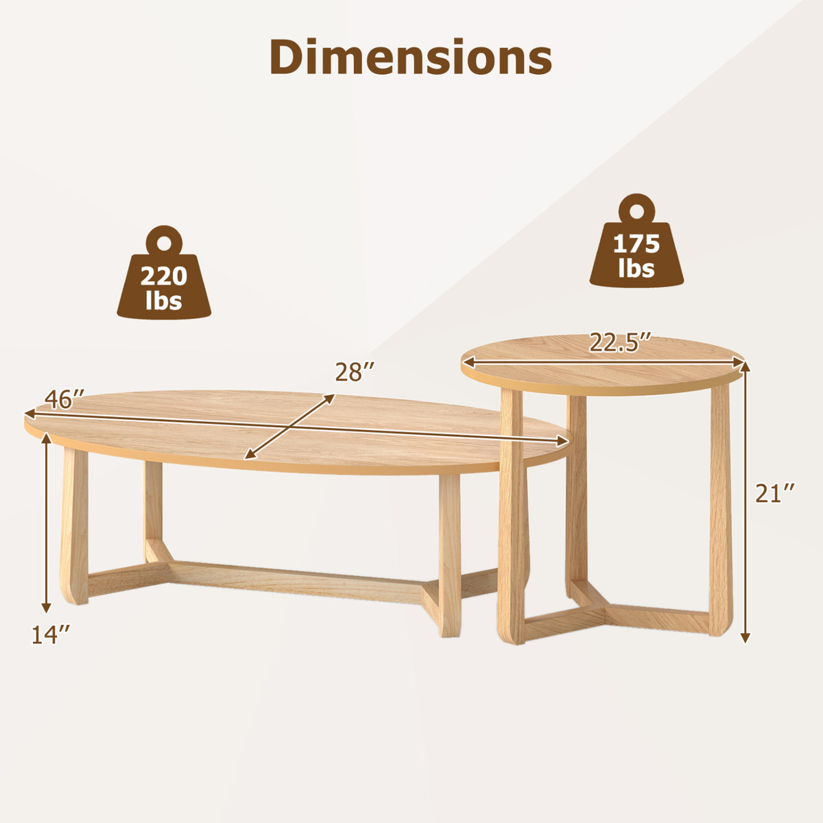 Nesting Coffee Table Set of 2, Wood Veneer Top, Rubberwood Legs - Natural