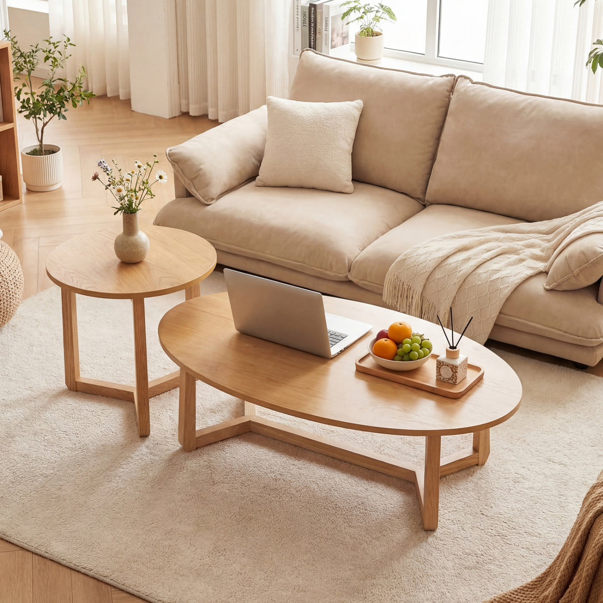 Nesting Coffee Table Set of 2, Wood Veneer Top, Rubberwood Legs - Natural