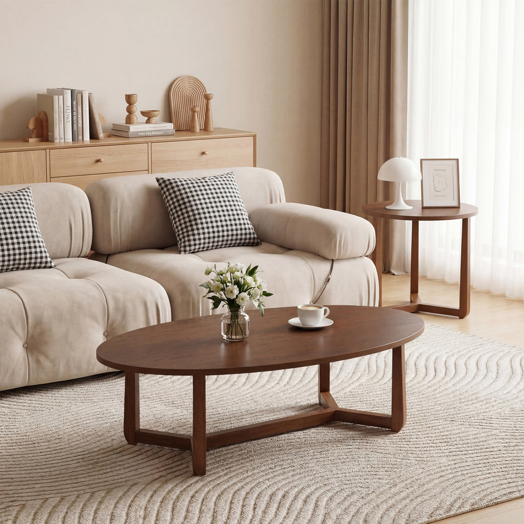 Nesting Coffee Table Set of 2, Wood Veneer Top, Rubberwood Legs - Natural