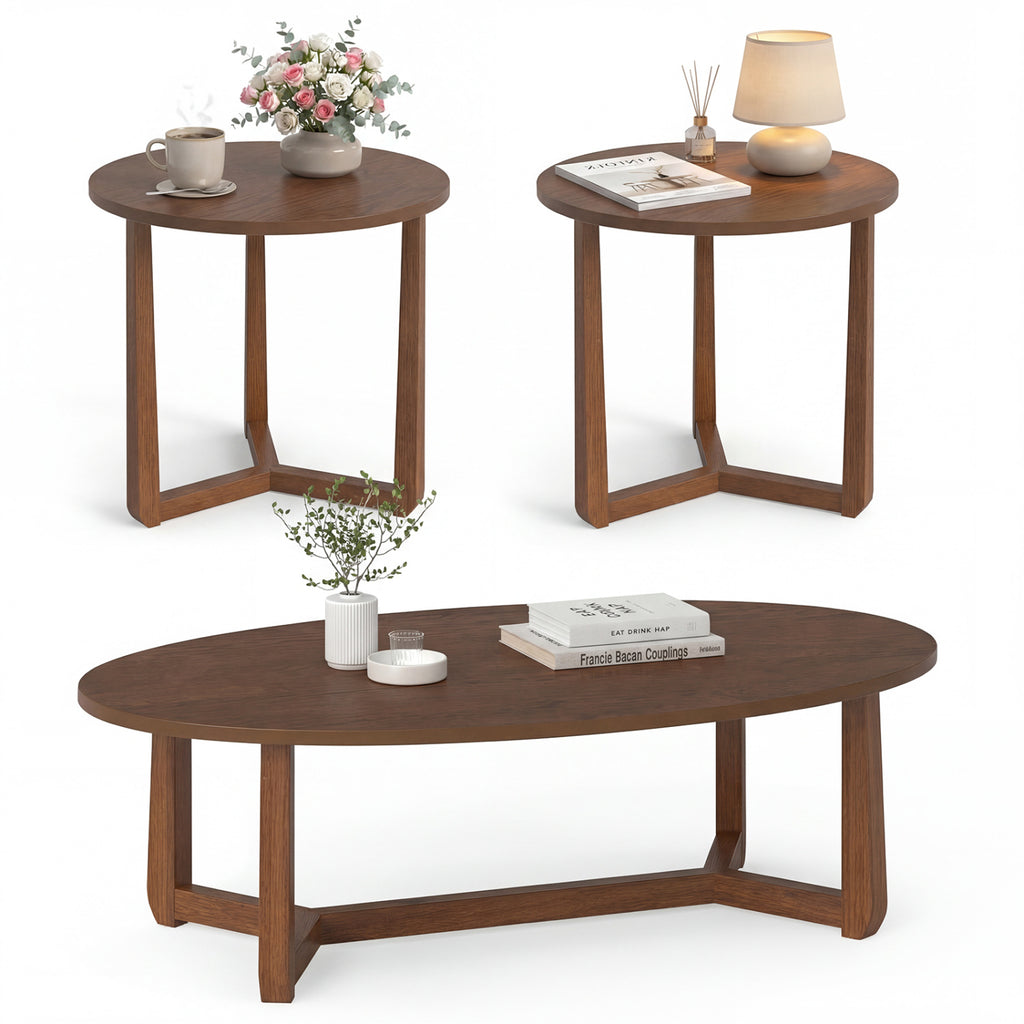 Nesting Coffee Table Set of 3, Wood Veneer Top, Rubberwood Legs - Blue