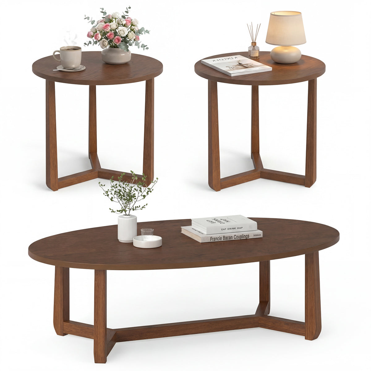 Nesting Coffee Table Set of 3, Wood Veneer Top, Rubberwood Legs - Blue