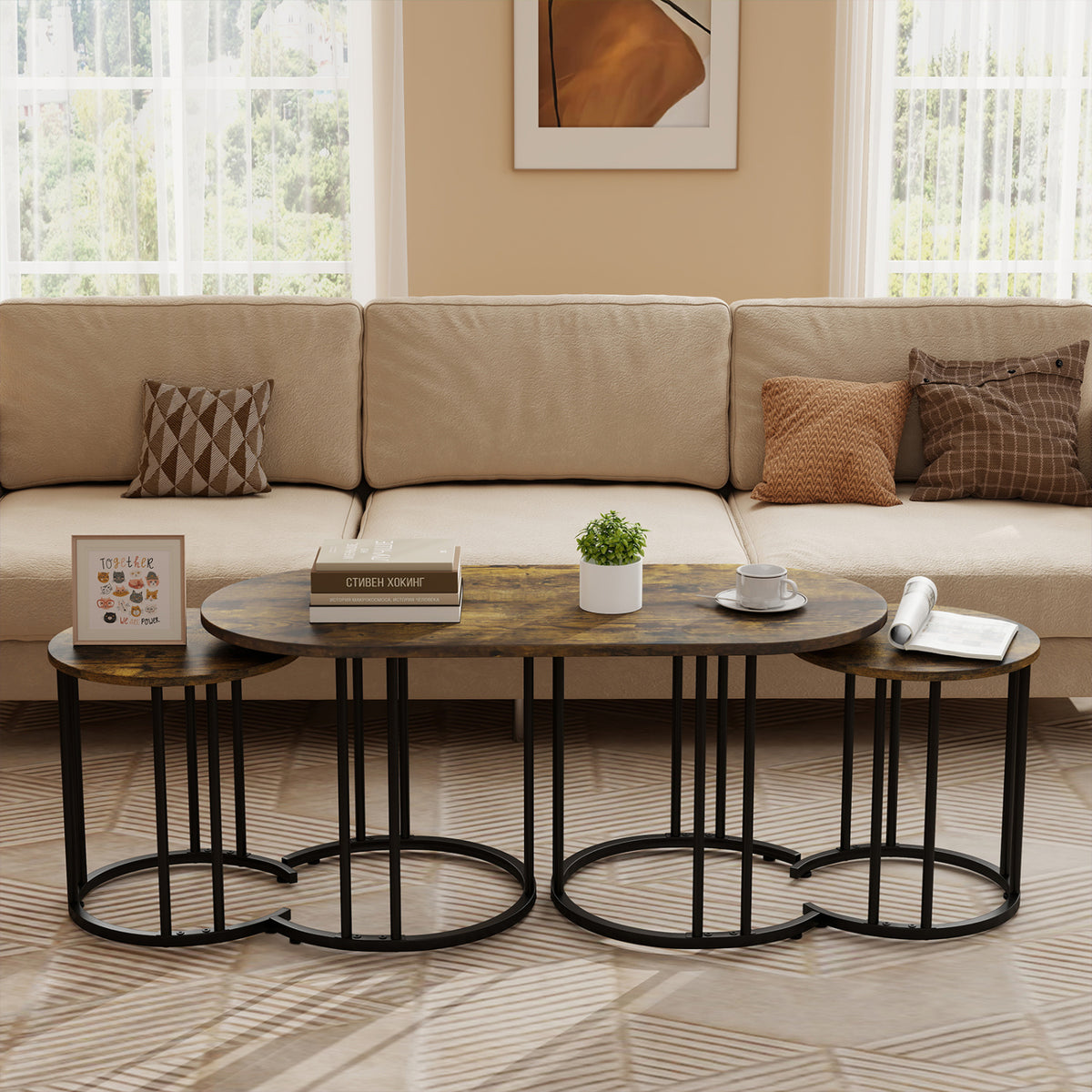 Nesting Coffee Table Set of 3 - Faux Marble & Gold Metal - Rustic Brown