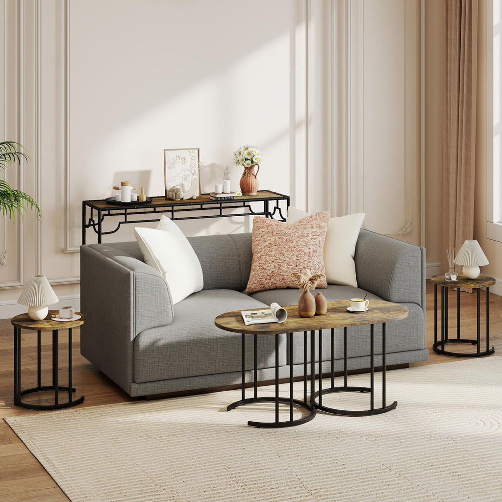 Nesting Coffee Table Set of 3 - Faux Marble & Gold Metal - Rustic Brown