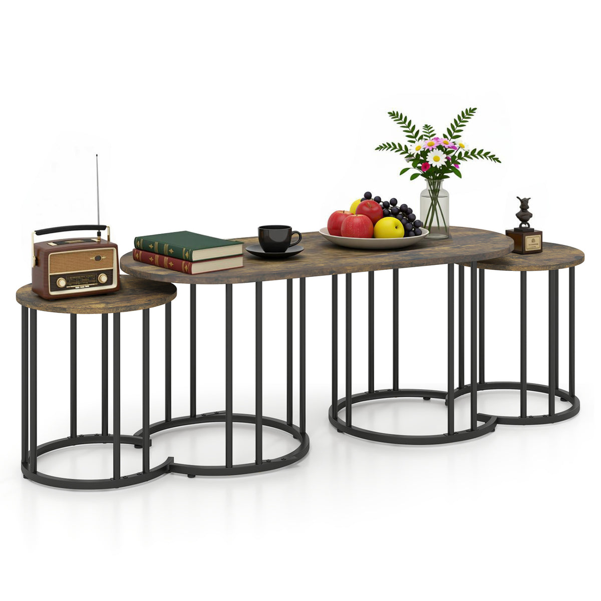 Nesting Coffee Table Set of 3 - Faux Marble & Gold Metal - Rustic Brown