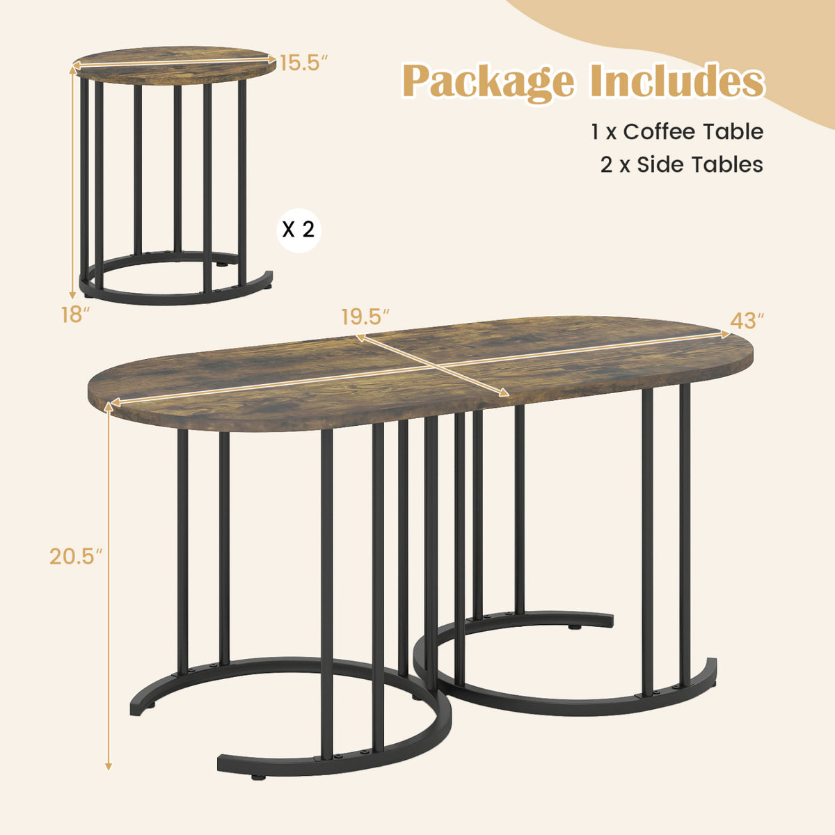 Nesting Coffee Table Set of 3 - Faux Marble & Gold Metal - Rustic Brown