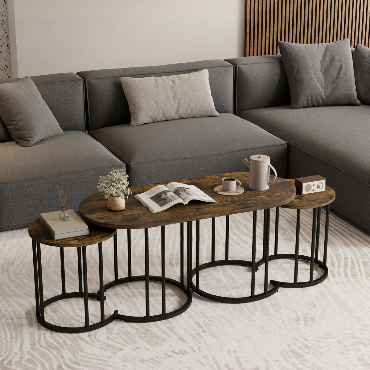 Nesting Coffee Table Set of 3 - Faux Marble & Gold Metal - Rustic Brown