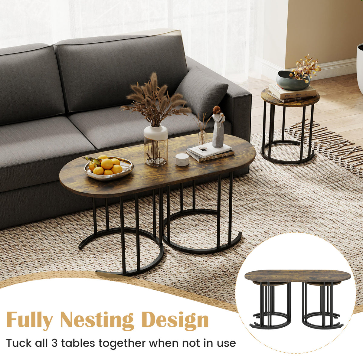 Nesting Coffee Table Set of 3 - Faux Marble & Gold Metal - Rustic Brown