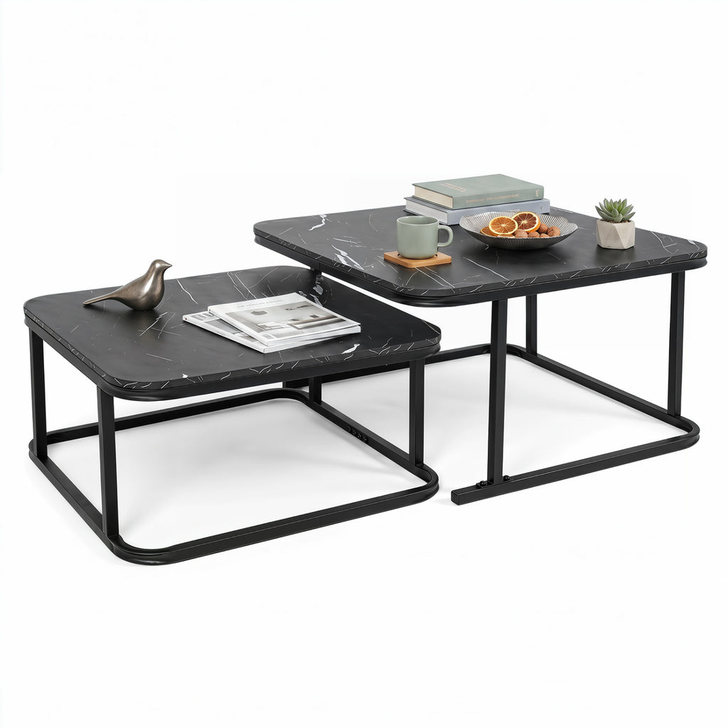 Nesting Coffee Table Set of 2, Faux Marble Top – Black