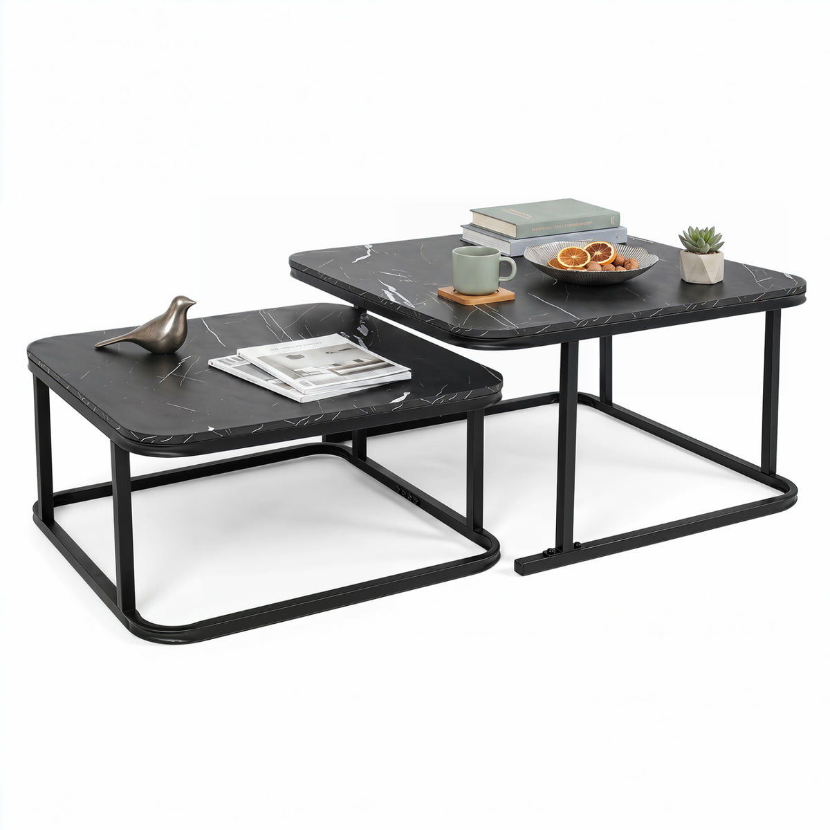 Nesting Coffee Table Set of 2, Faux Marble Top – Black