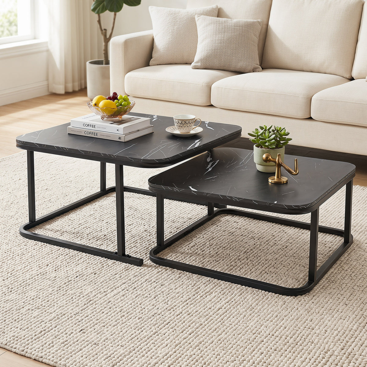 Nesting Coffee Table Set of 2, Faux Marble Top – Black
