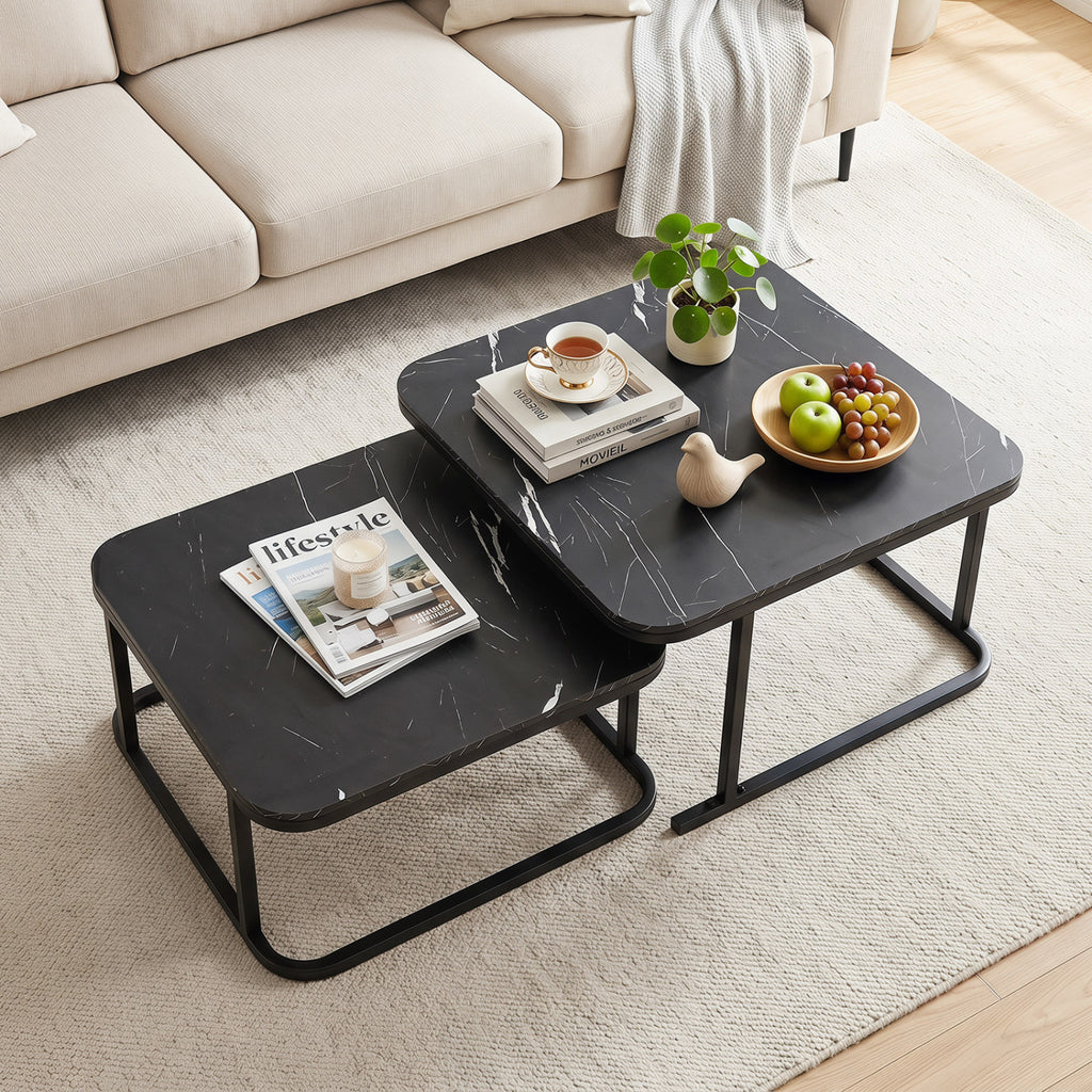 Nesting Coffee Table Set of 2, Faux Marble Top – Black