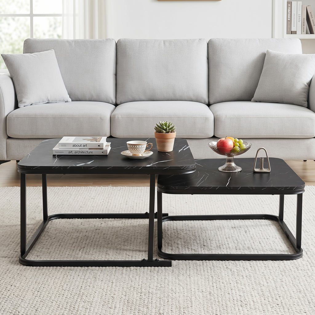 Nesting Coffee Table Set of 2, Faux Marble Top – Black