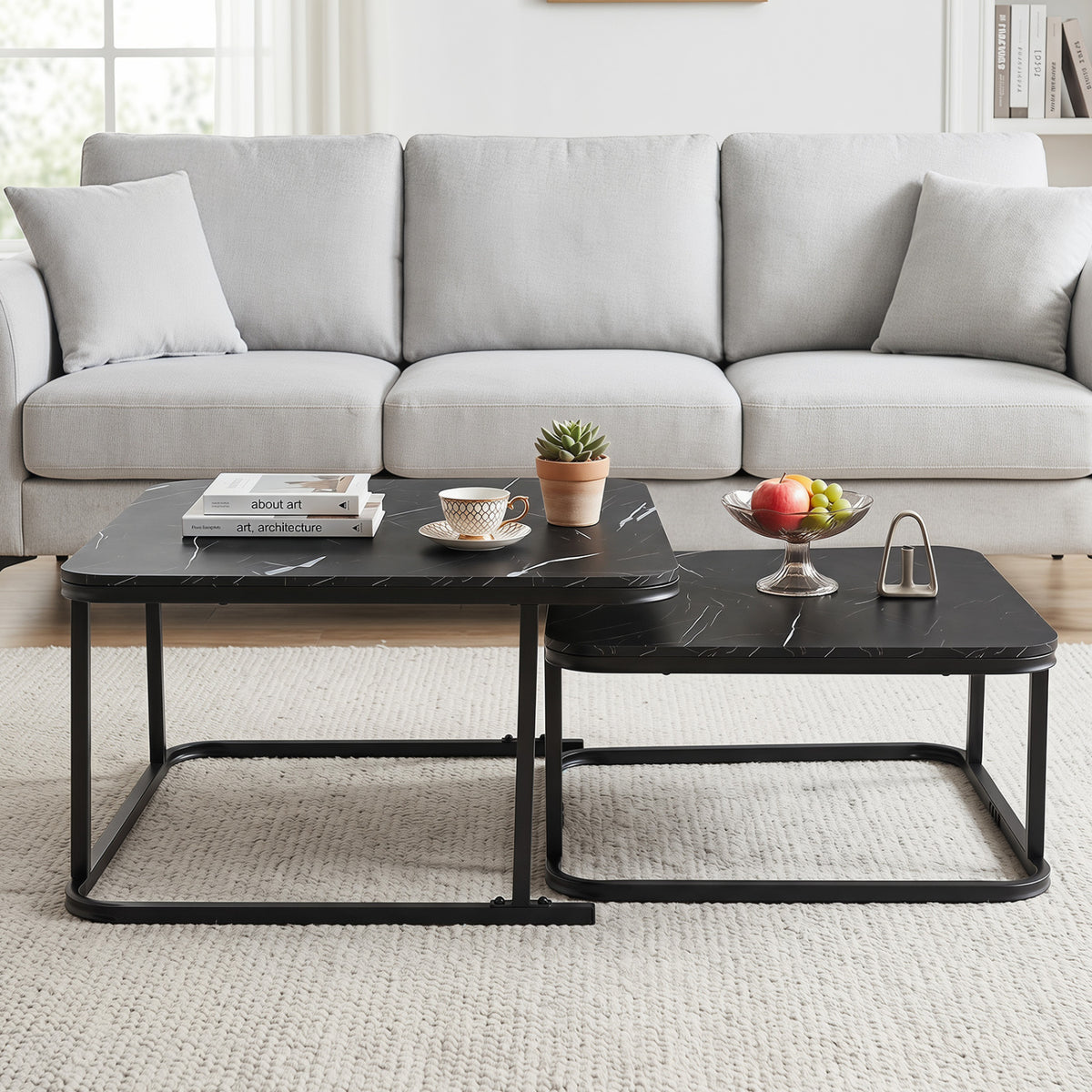 Nesting Coffee Table Set of 2, Faux Marble Top - Black
