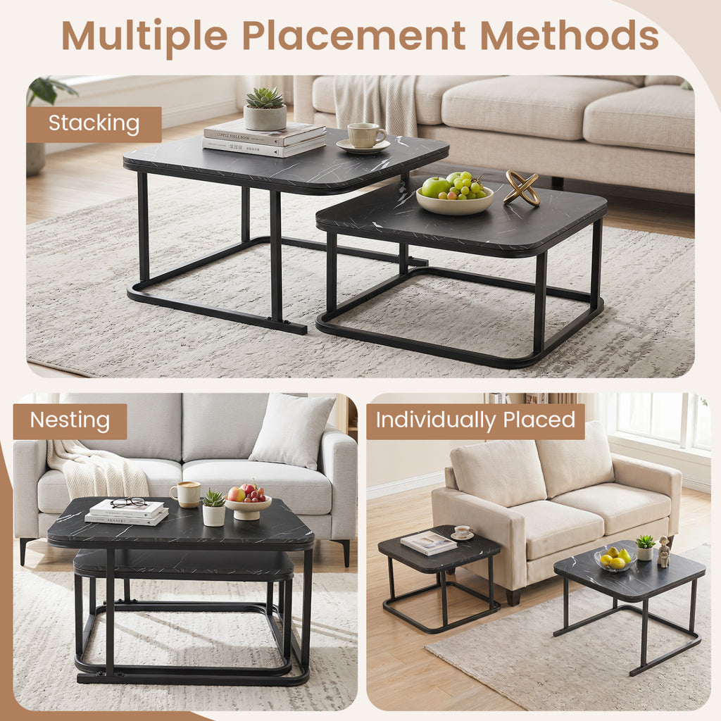 Nesting Coffee Table Set of 2, Faux Marble Top – Black