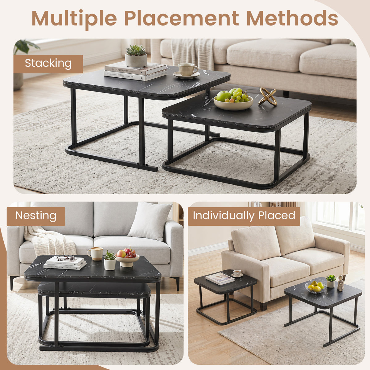 Nesting Coffee Table Set of 2, Faux Marble Top – Black