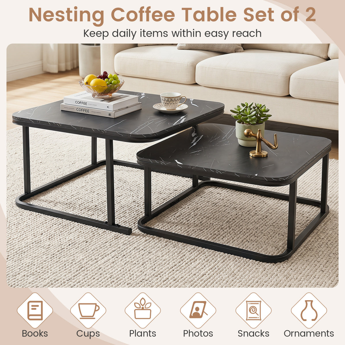 Nesting Coffee Table Set of 2, Faux Marble Top – Black