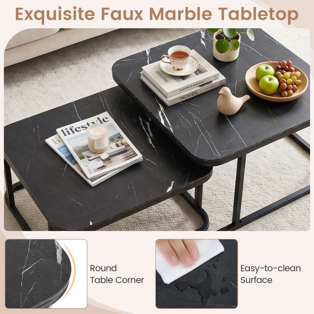 Nesting Coffee Table Set of 2, Faux Marble Top – Black
