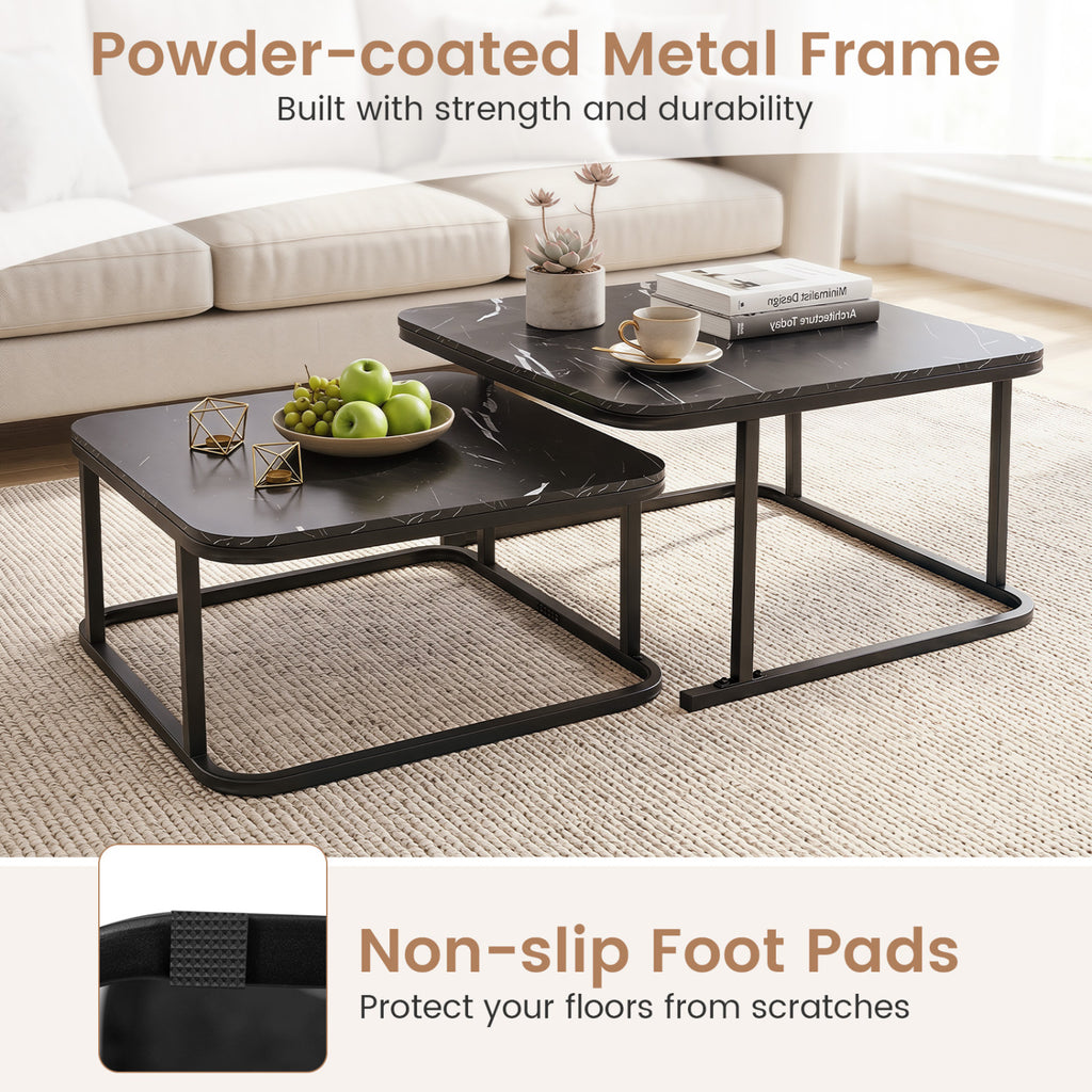 Nesting Coffee Table Set of 2, Faux Marble Top - Black