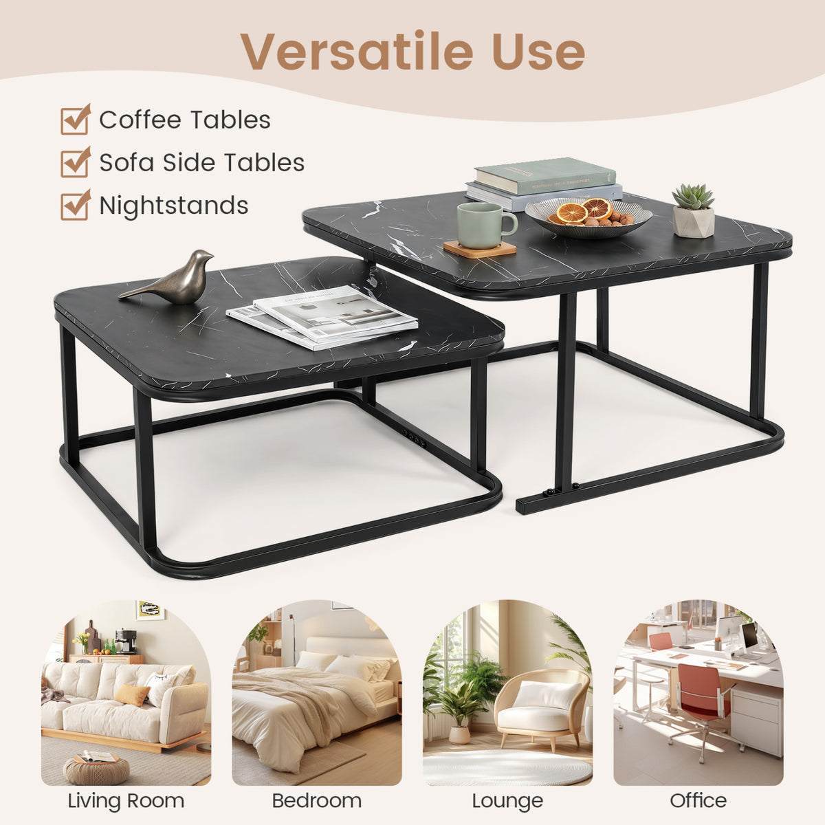 Nesting Coffee Table Set of 2, Faux Marble Top – Black