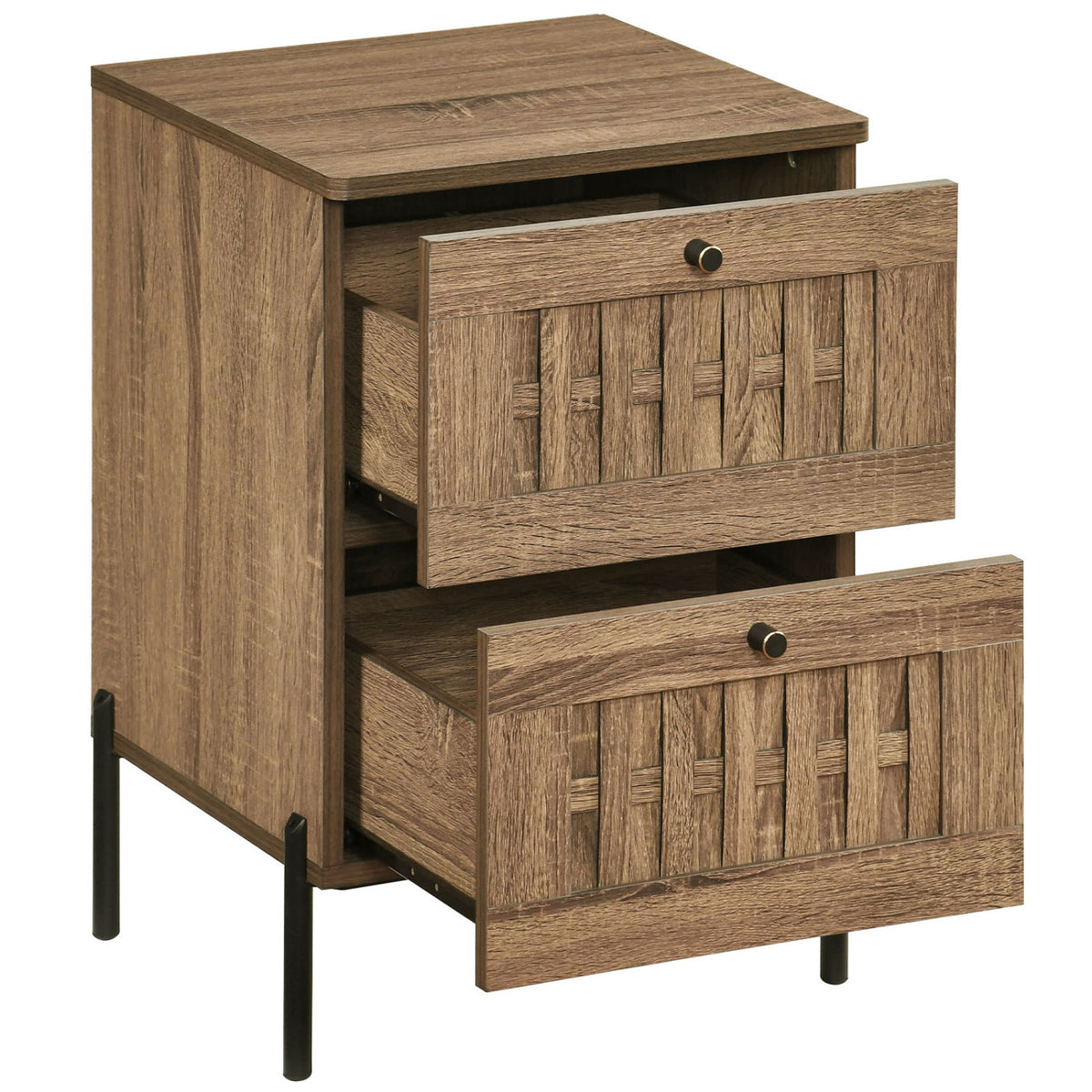 Mid Century Modern End Table with Storage Drawers, Rustic Brown