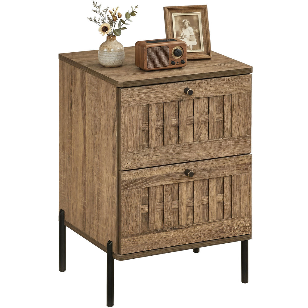 Mid Century Modern End Table with Storage Drawers, Rustic Brown