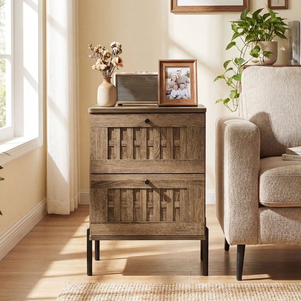 Mid Century Modern End Table with Storage Drawers, Rustic Brown