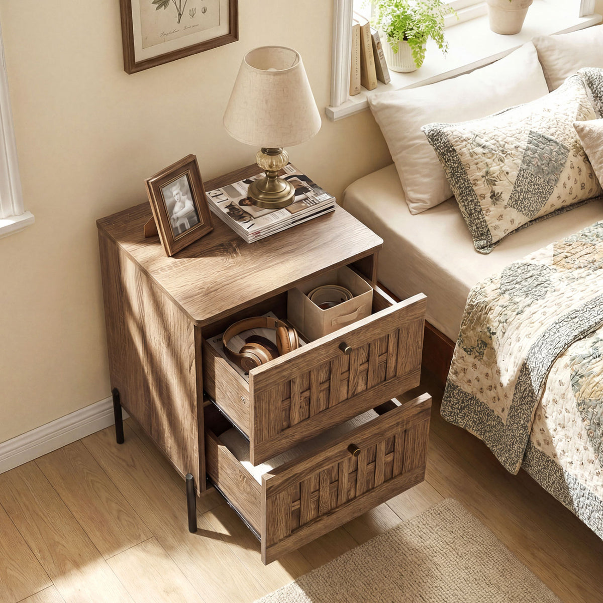 Mid Century Modern End Table with Storage Drawers, Rustic Brown