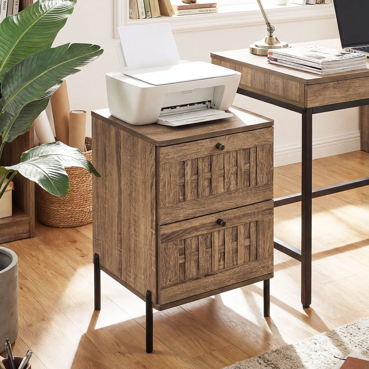 Mid Century Modern End Table with Storage Drawers, Rustic Brown