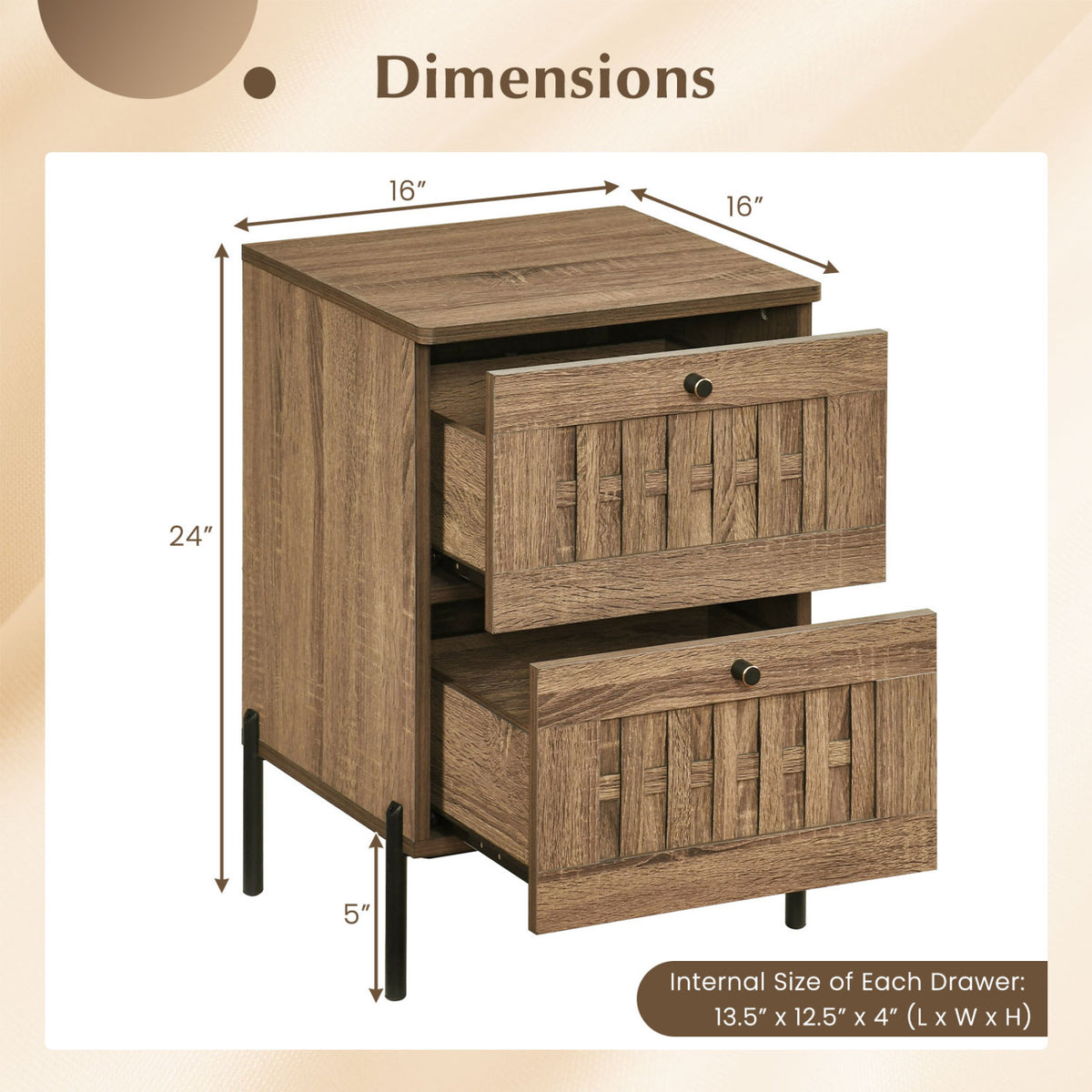 Mid Century Modern End Table with Storage Drawers, Rustic Brown
