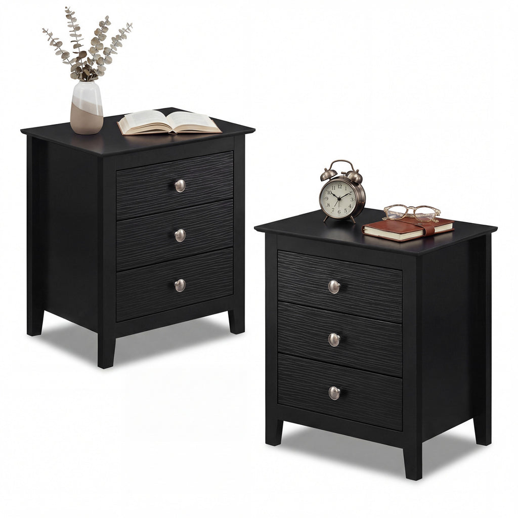 3-Drawer Nightstand with Wood Grain Accents, Black - Set of 2