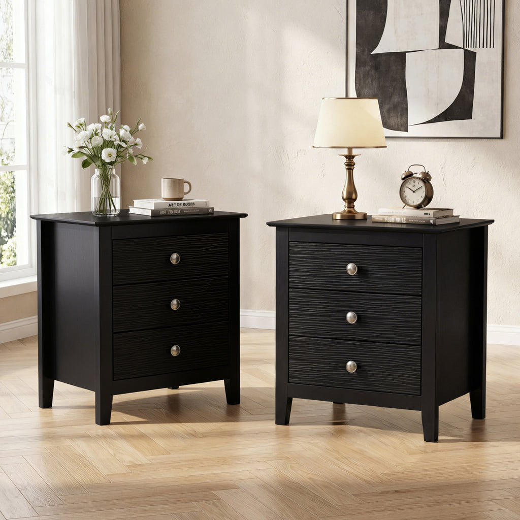 3-Drawer Nightstand with Wood Grain Accents, Black - Set of 2