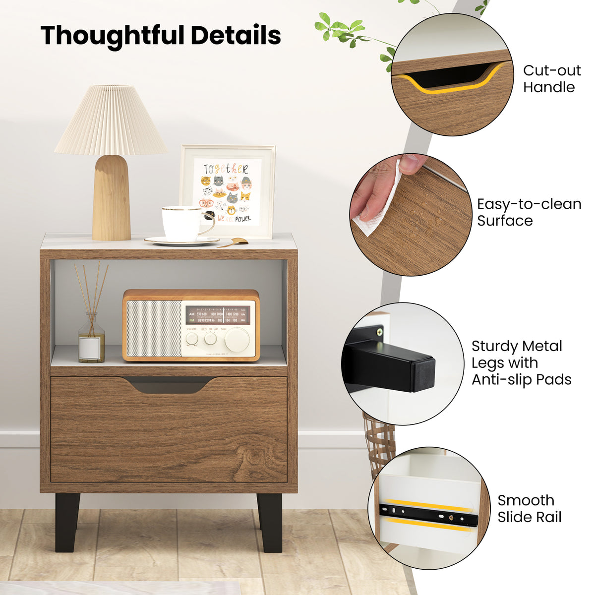 Nightstand with Drawer and Open Shelf, White