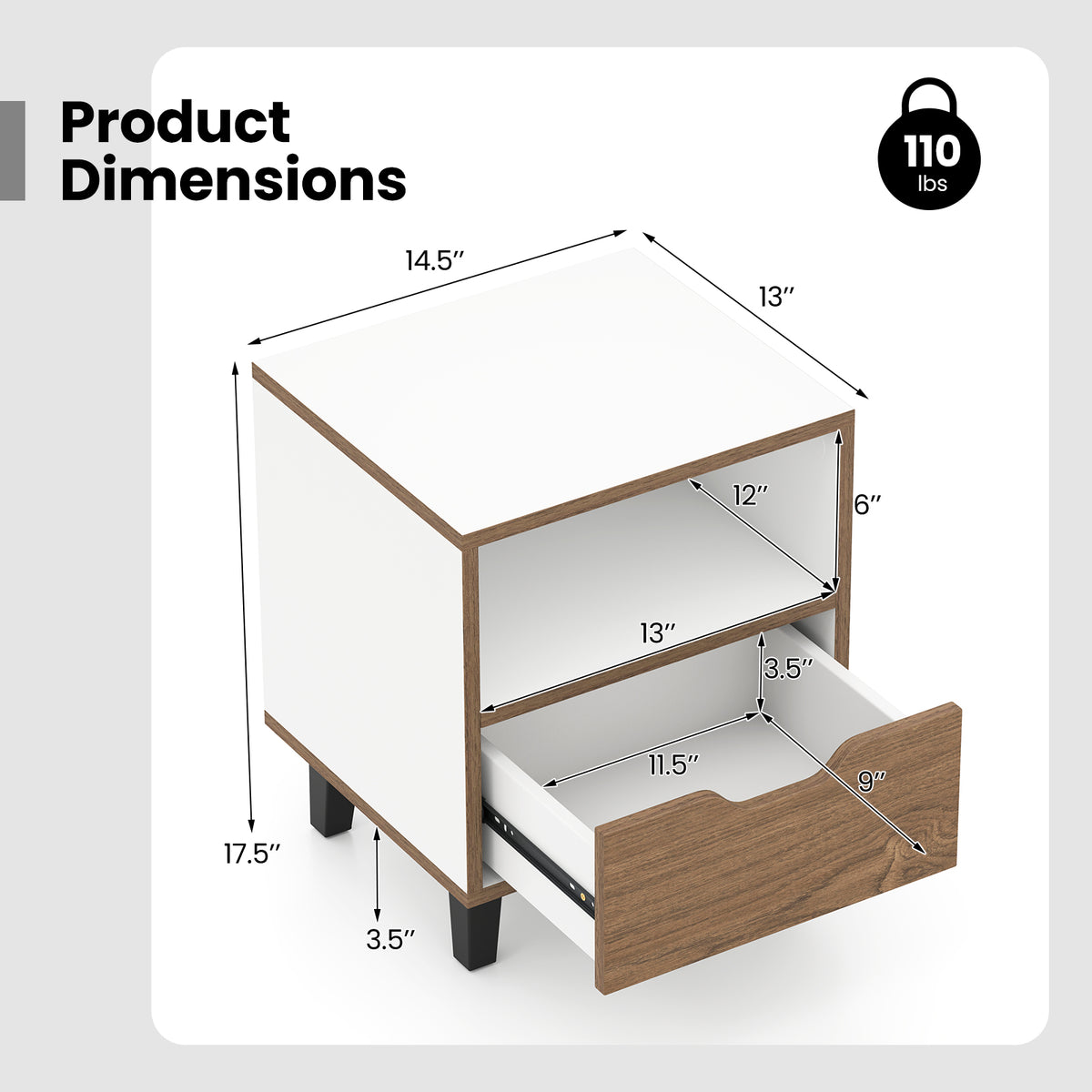 Nightstand with Drawer and Open Shelf, White