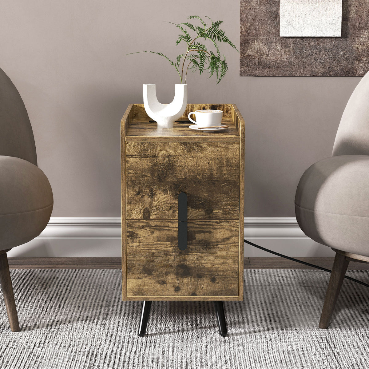Nightstand Side Table with 2 Drawers & USB Ports, Rustic Brown