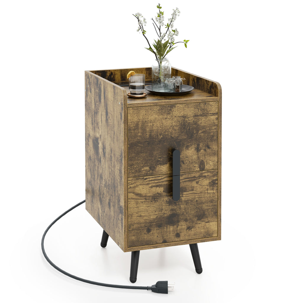 Nightstand Side Table with 2 Drawers & USB Ports, Rustic Brown
