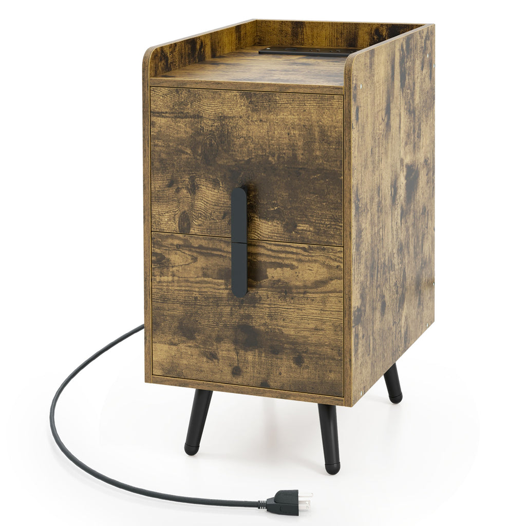 Nightstand Side Table with 2 Drawers & USB Ports, Rustic Brown