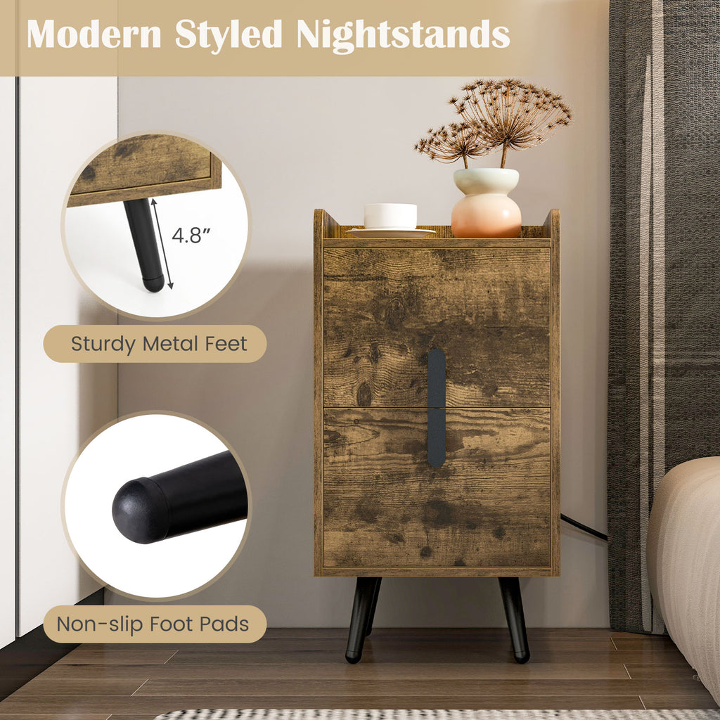 Nightstand Side Table with 2 Drawers and 2 USB Ports, Rustic Brown