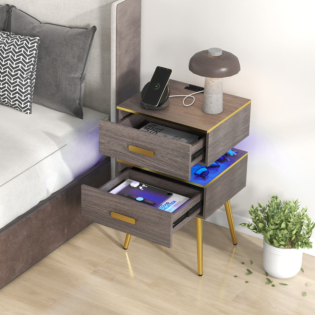 Nightstand with Charging Station, 2 Drawers & LED Lights - Gray