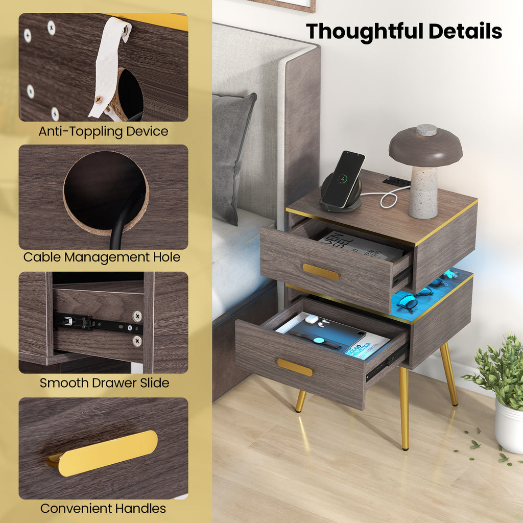 Nightstand with Charging Station, 2 Drawers & LED Lights - Gray