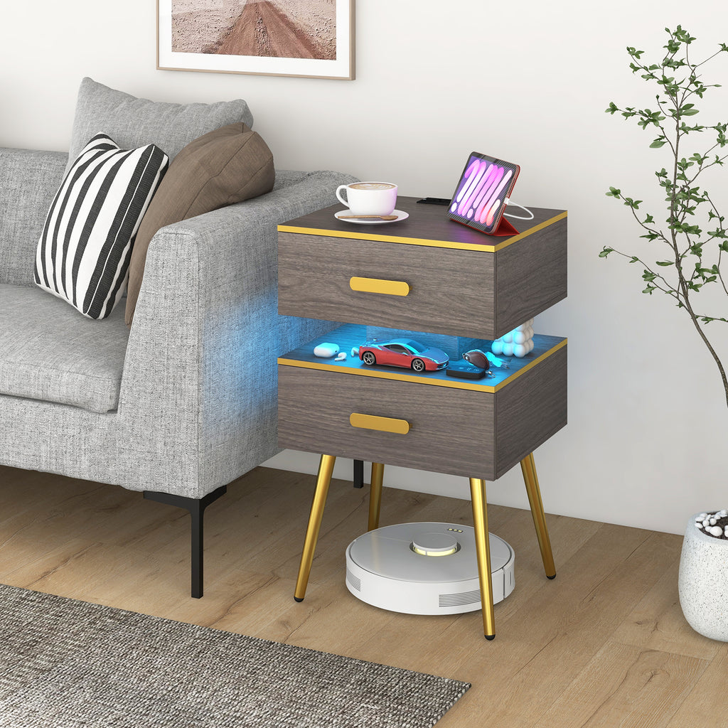 Nightstand with Charging Station, 2 Drawers & LED Lights - Gray