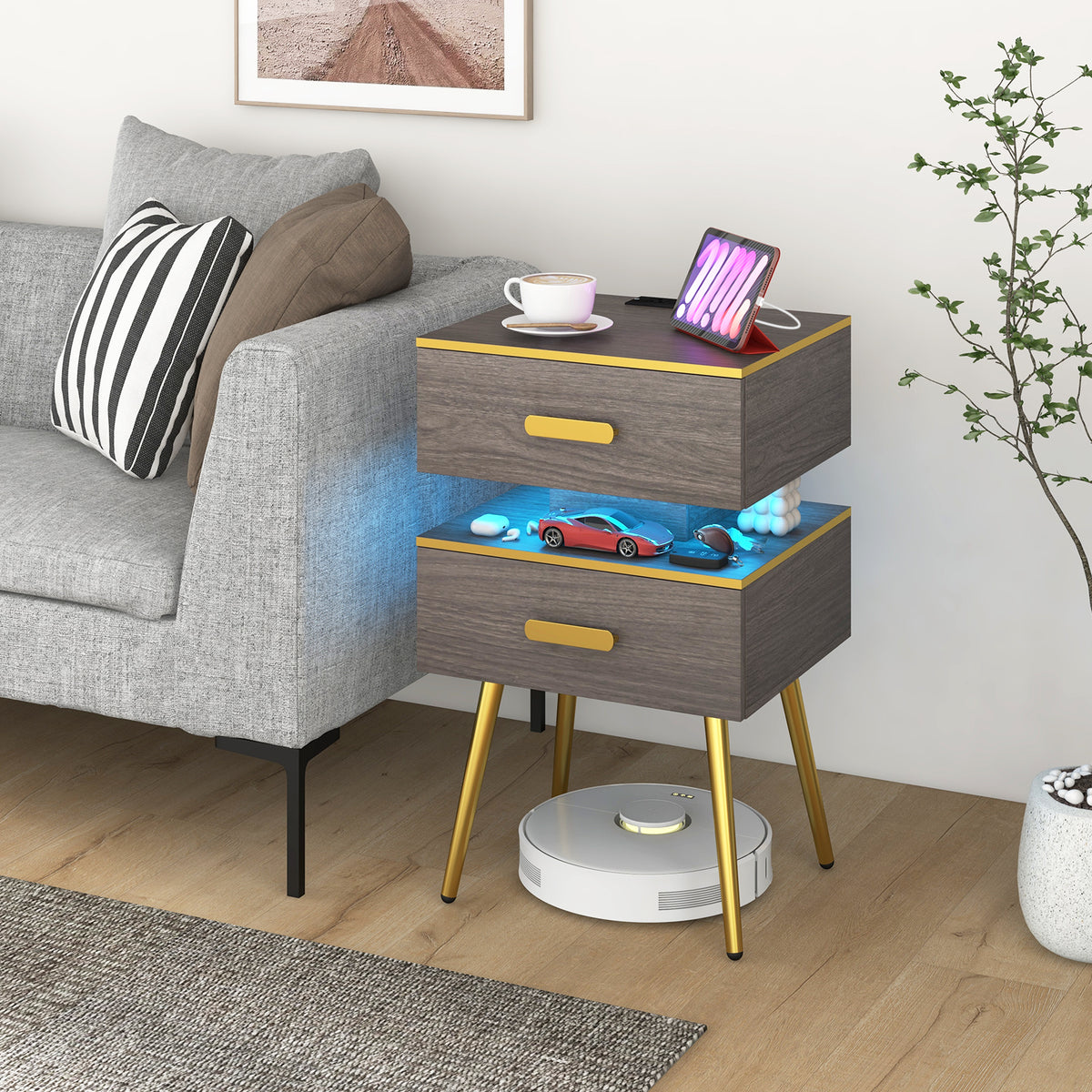 Nightstand with Charging Station, 2 Drawers & LED Lights - Gray